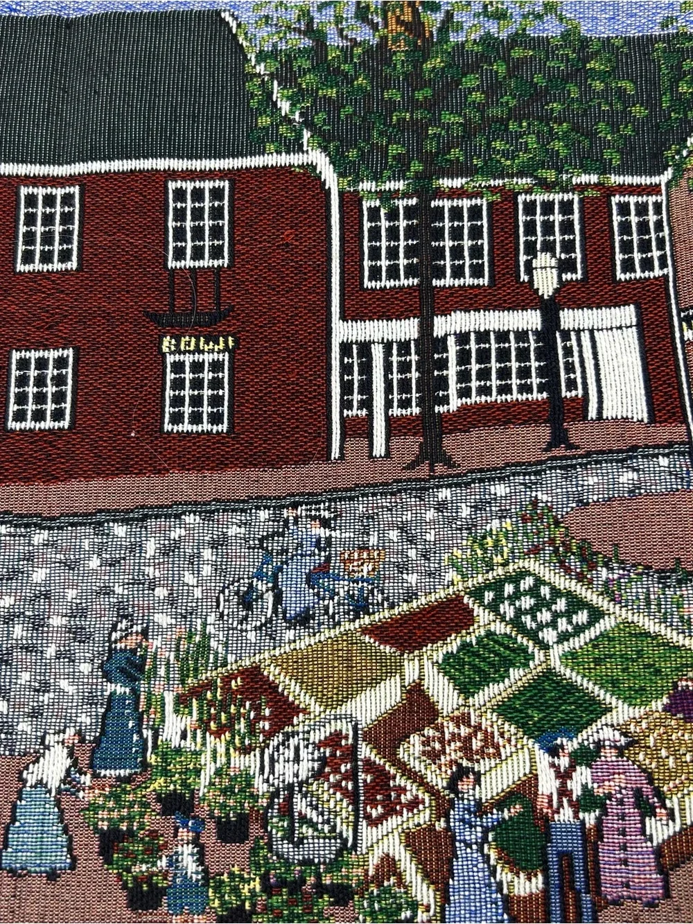 Colonial America Town Scene Tapestry Table Runner Town Common Folk Art 72” x 13”